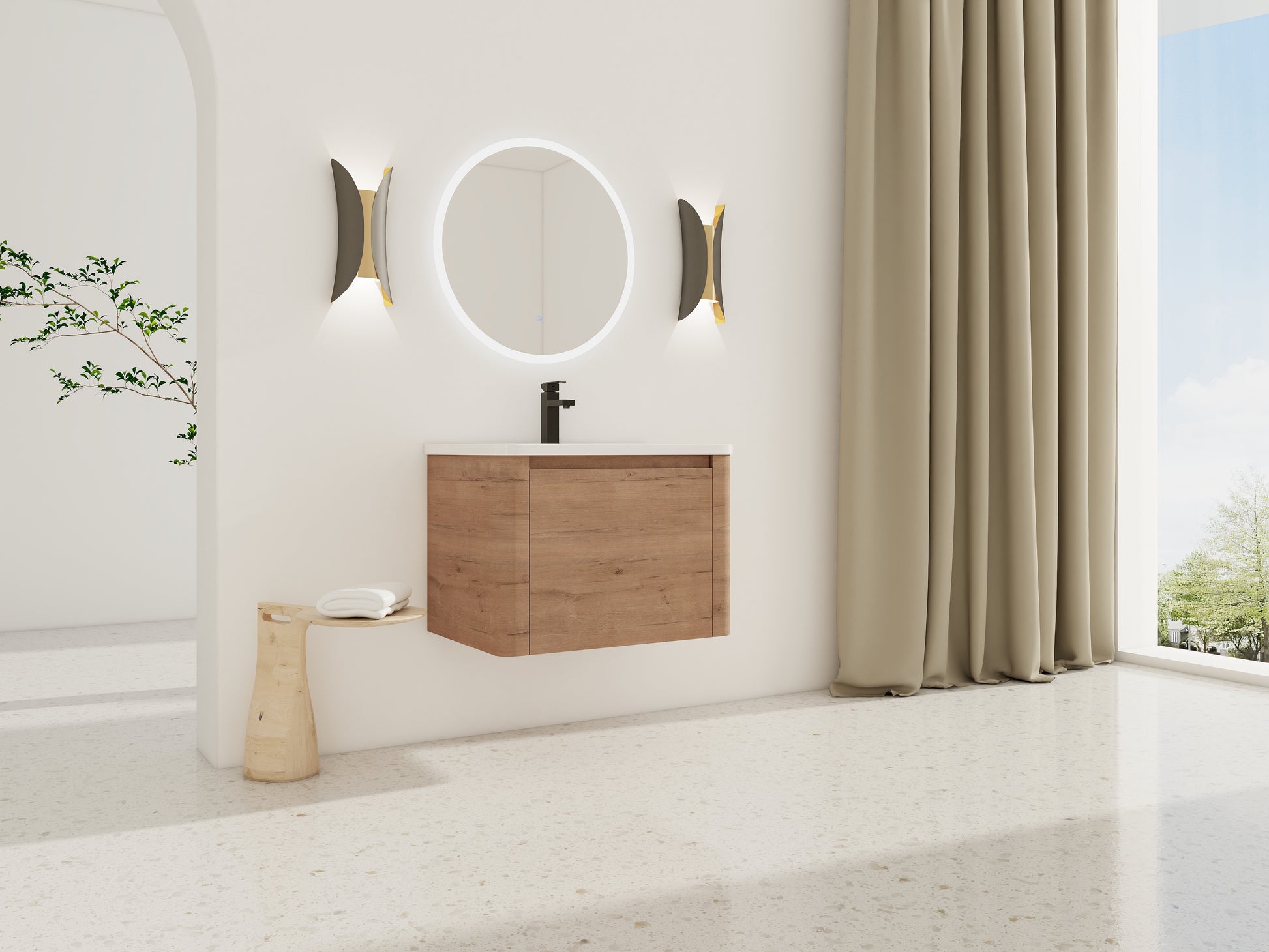 Imitative Oak Bathroom Vanity - Wall Mounted Sink