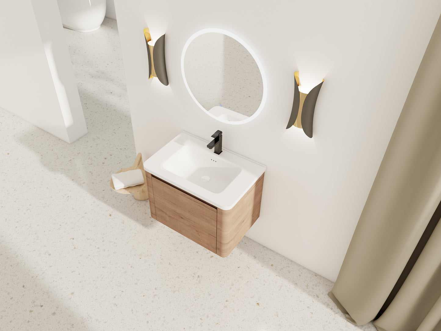 Imitative Oak Bathroom Vanity - Wall Mounted Sink
