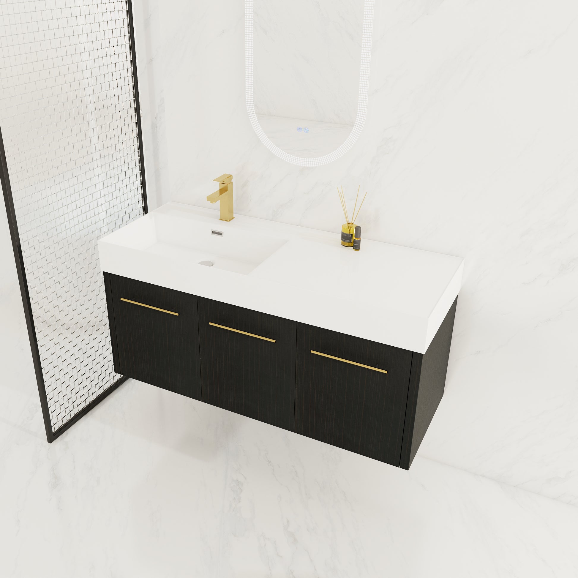 48 Inch Wall-Mounted Bathroom Vanity with Sink, Thick Edged Resin Basin, KD-Package