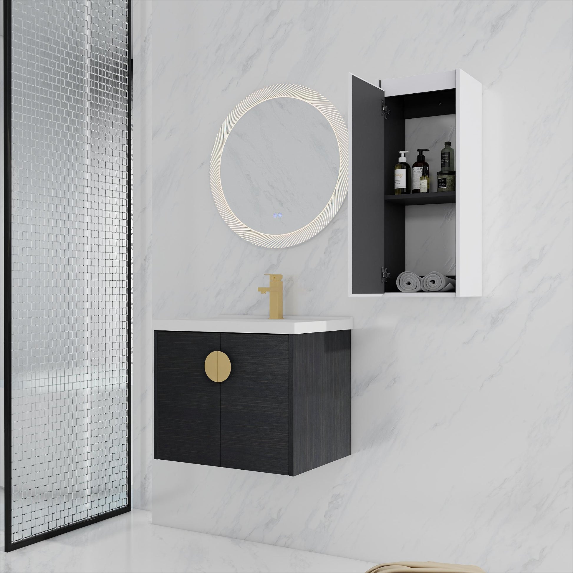 24" Wall-Mounted Bathroom Vanity With Ceramic Sink and Side Cabinet, Soft Close Doors, 00112WH-06324BCT Combination Cabinet(KD-Packing)
