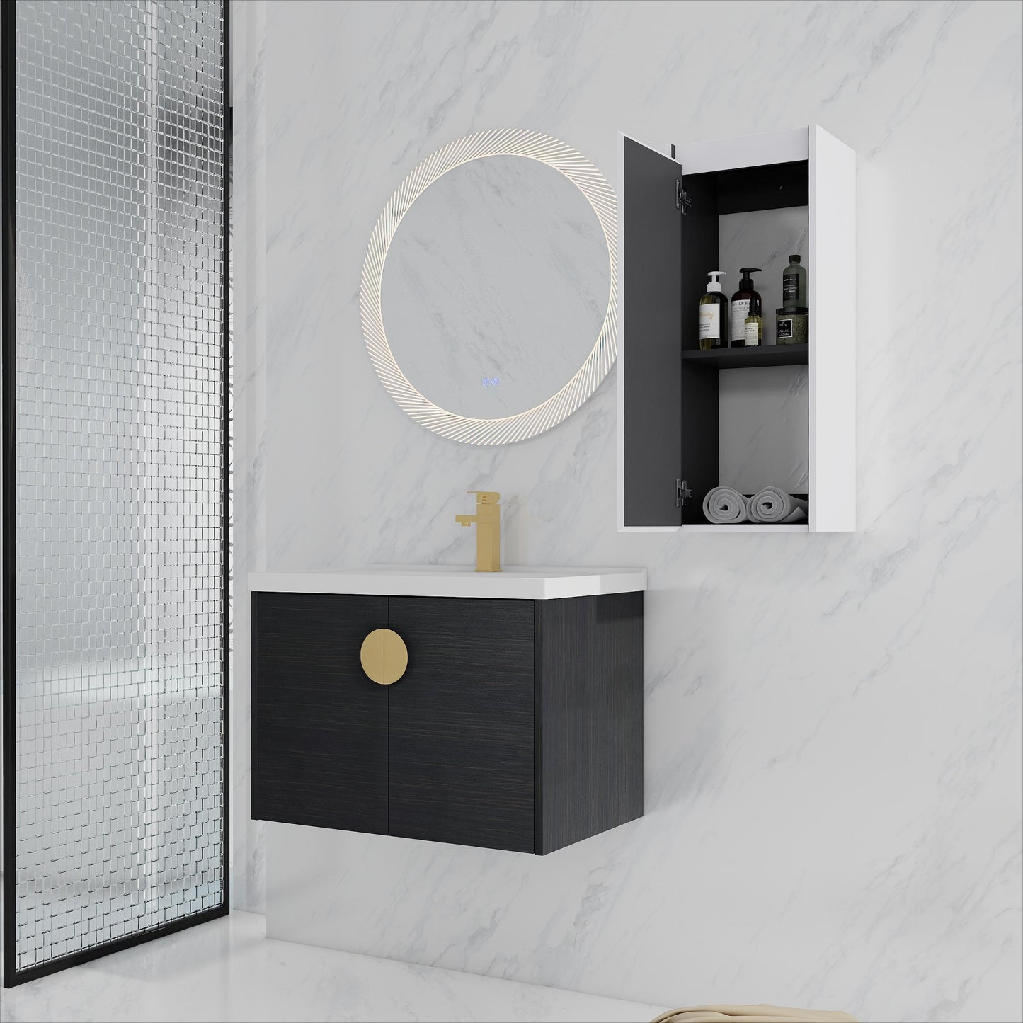 28" Wall-Mounted Bathroom Vanity With Ceramic Sink and Side Cabinet, Soft Close Doors, 00112WH-06328BCT Combination Cabinet(KD-Packing)