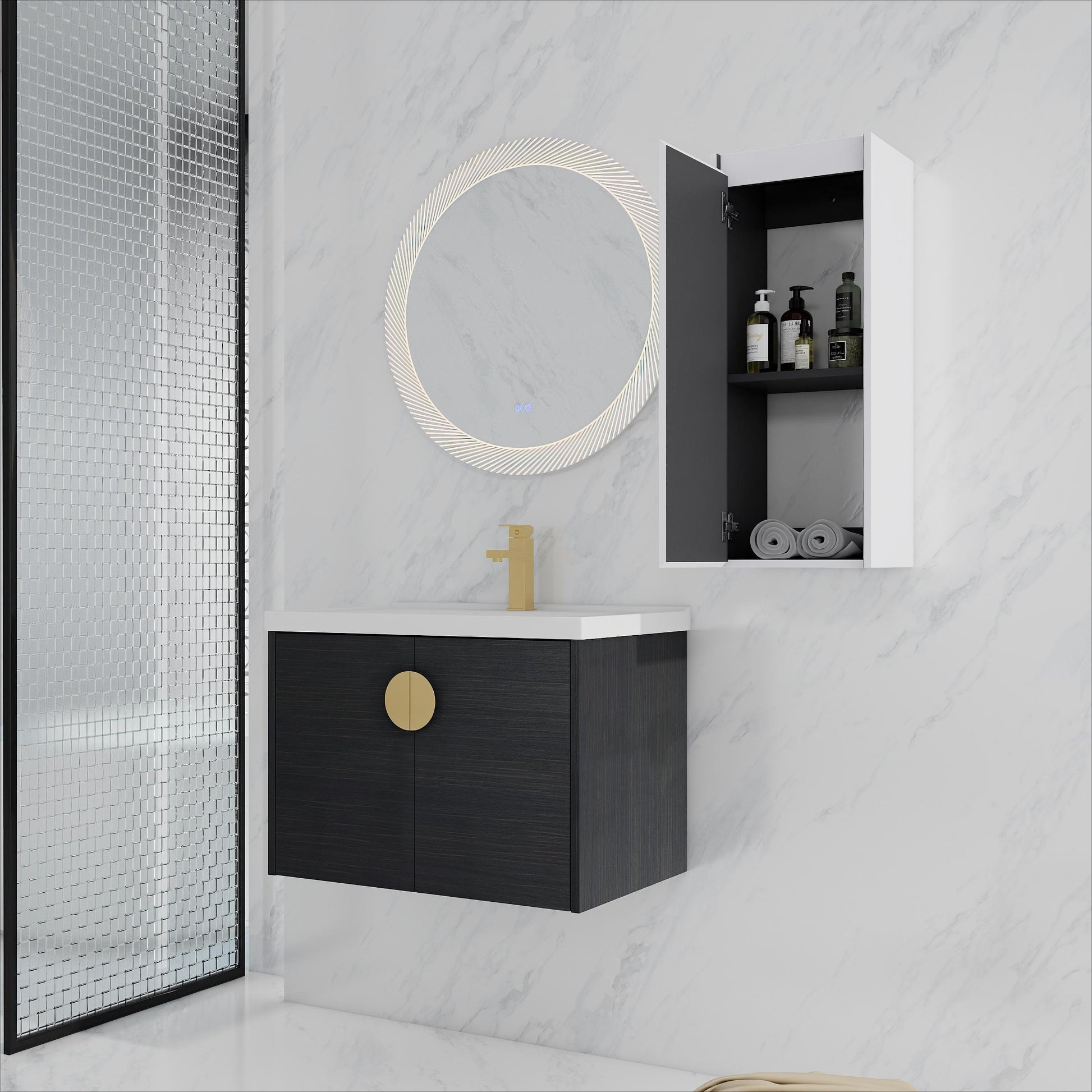 28" Wall-Mounted Bathroom Vanity With Ceramic Sink and Side Cabinet, Soft Close Doors, 00112WH-06328BCT Combination Cabinet(KD-Packing)