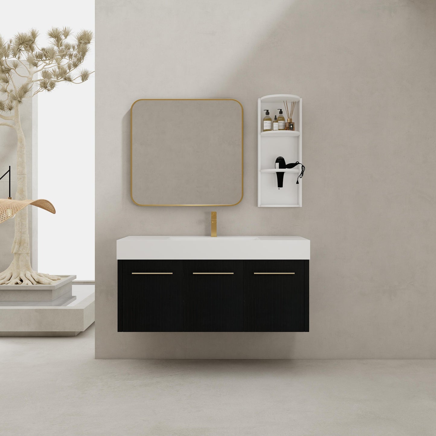48 Inch Wall-Mounted Bathroom Vanity with Sink and Storage Rack, Thick Edged Resin Basin, KD-Package