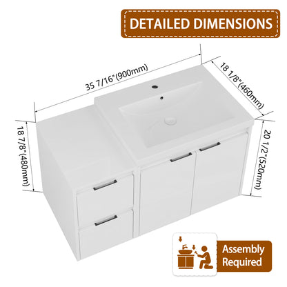 36" Bathroom Vanity with Resin Sink - White Plywood Storage