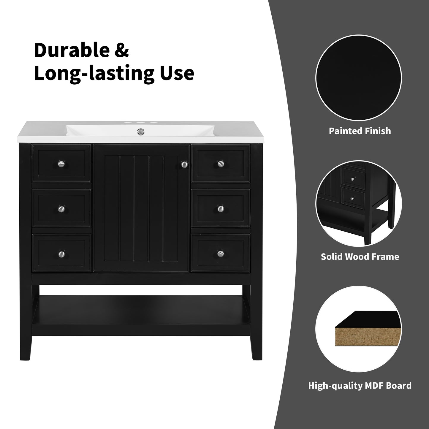 36" Bathroom Vanity - Black Cabinet & 3 Drawers