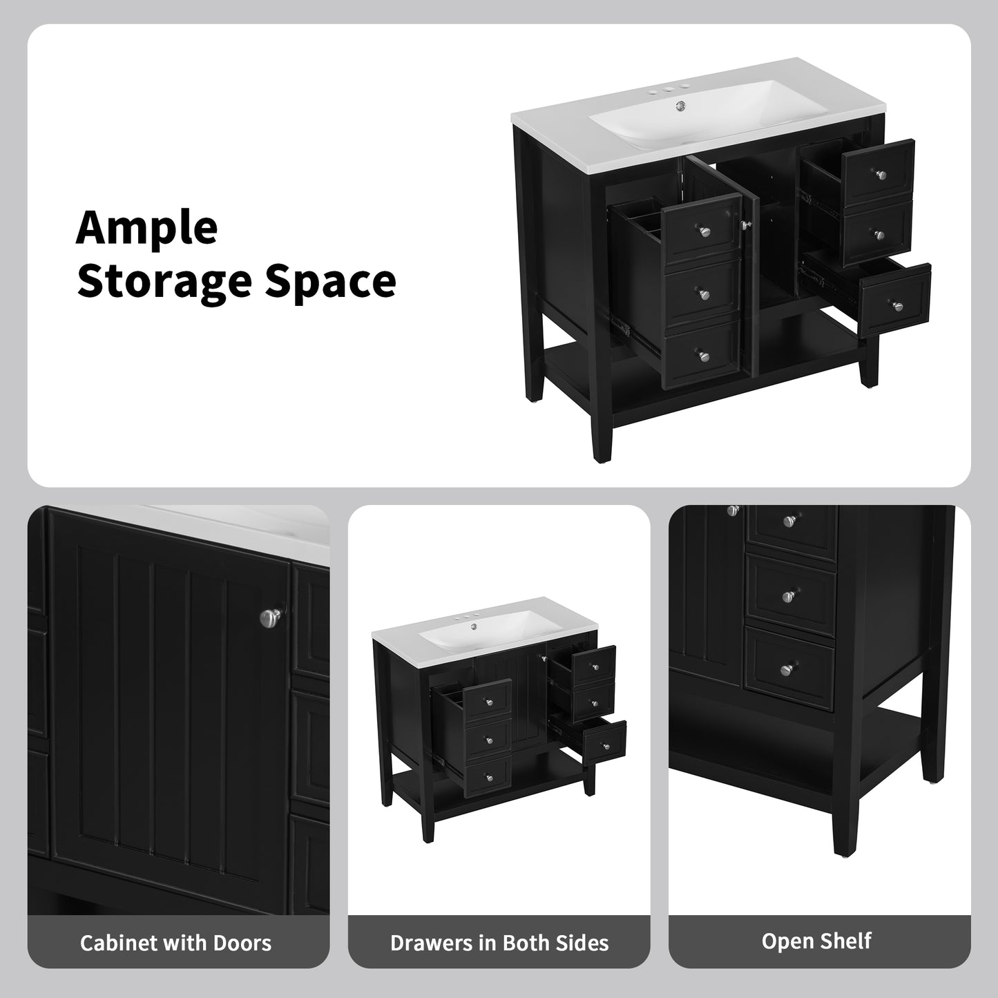 36" Bathroom Vanity - Black Cabinet & 3 Drawers