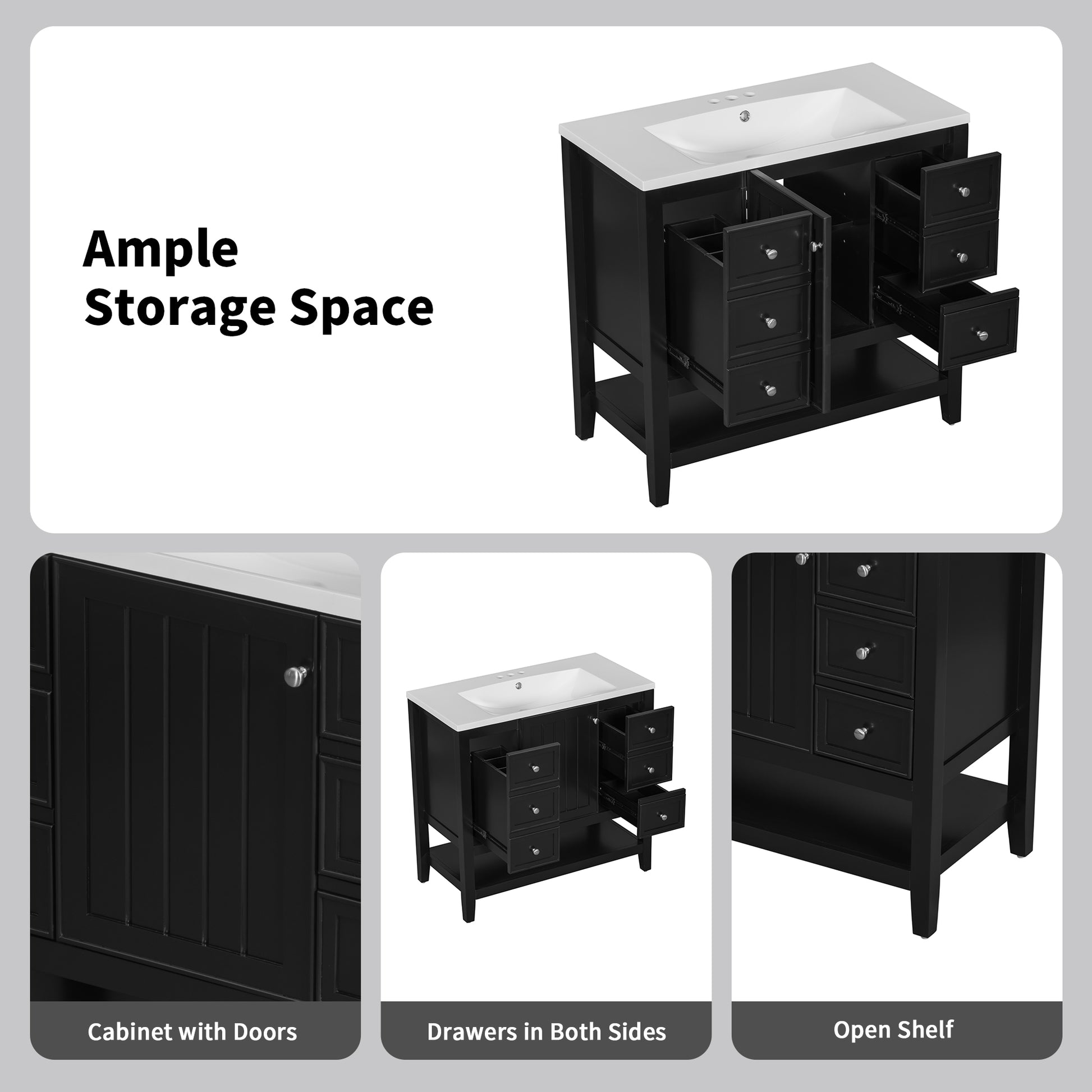 36" Bathroom Vanity - Black Cabinet & 3 Drawers