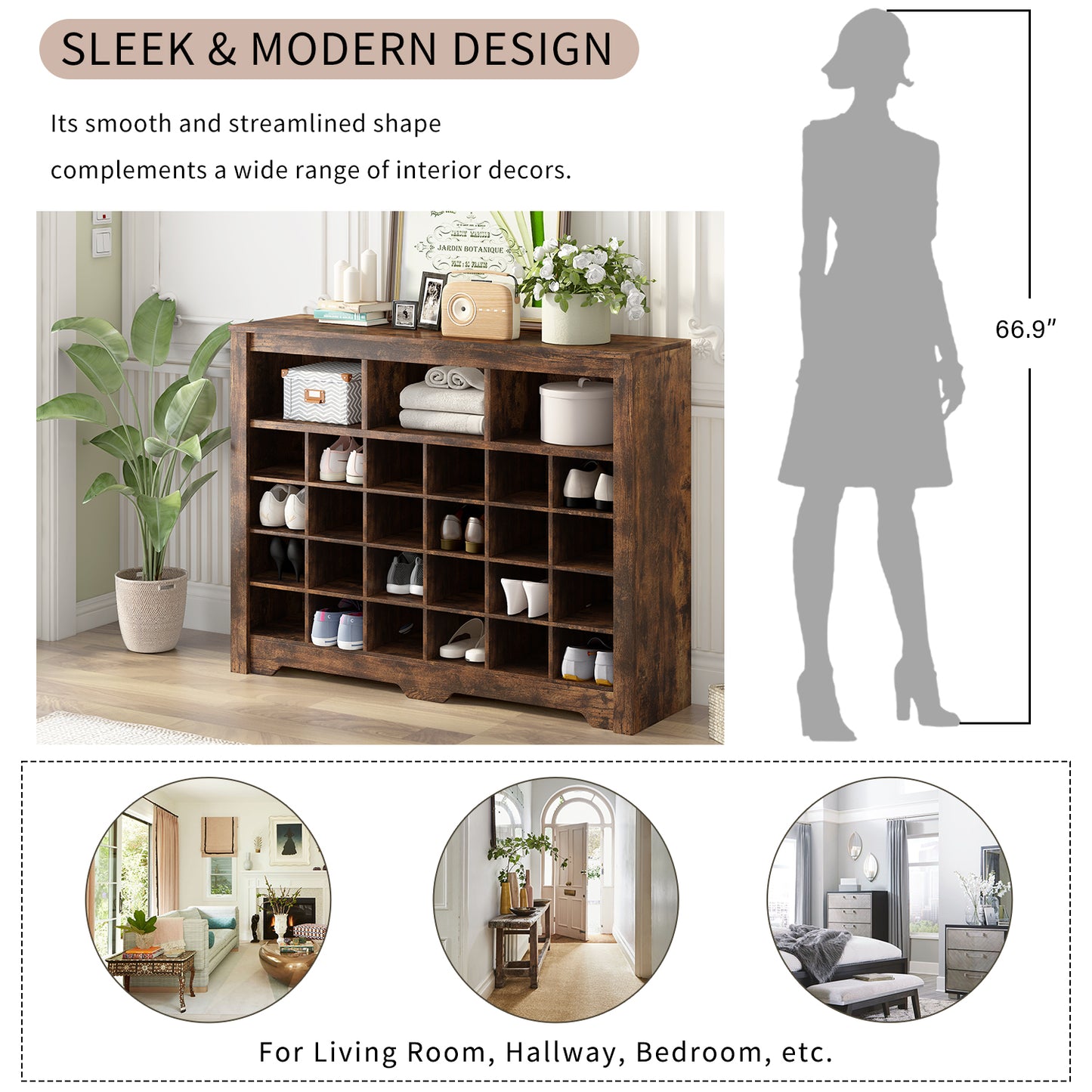 Rustic Brown 24 Shoe Cabinet - Freestanding Console