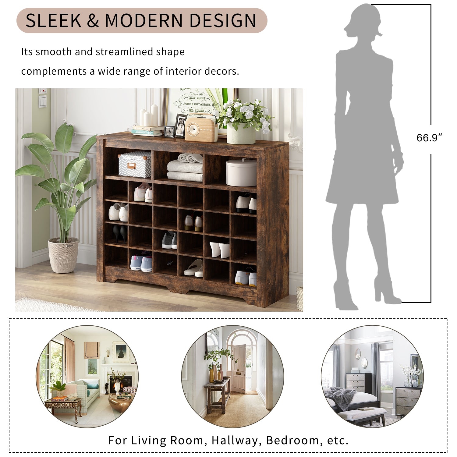Rustic Brown 24 Shoe Cabinet - Freestanding Console