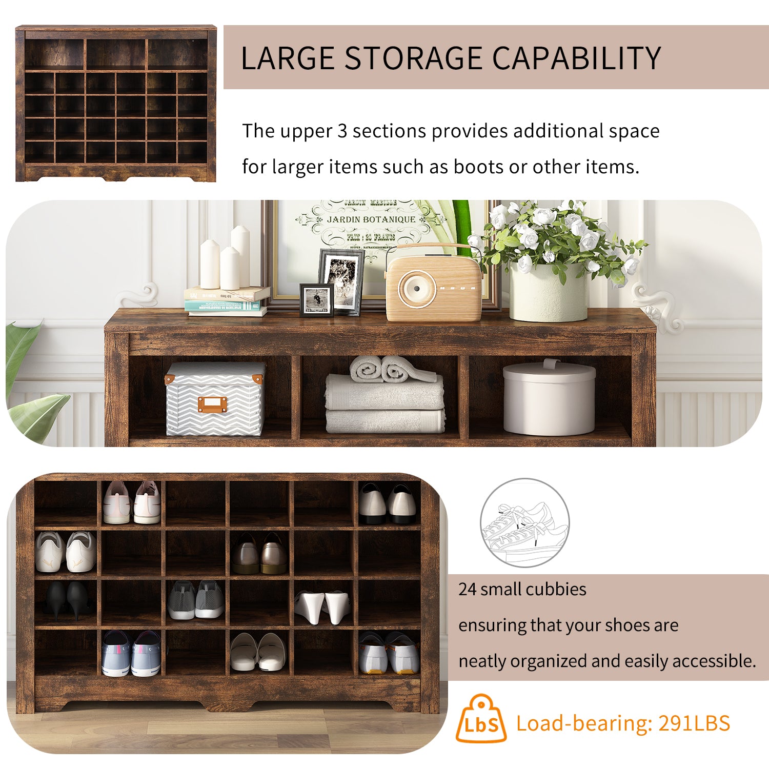 Rustic Brown 24 Shoe Cabinet - Freestanding Console
