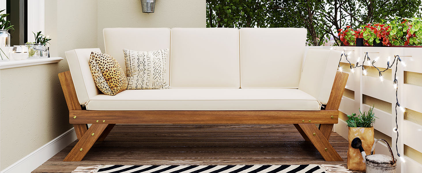 Natural Beige Acacia Wood Patio Daybed Sofa Set for Outdoor