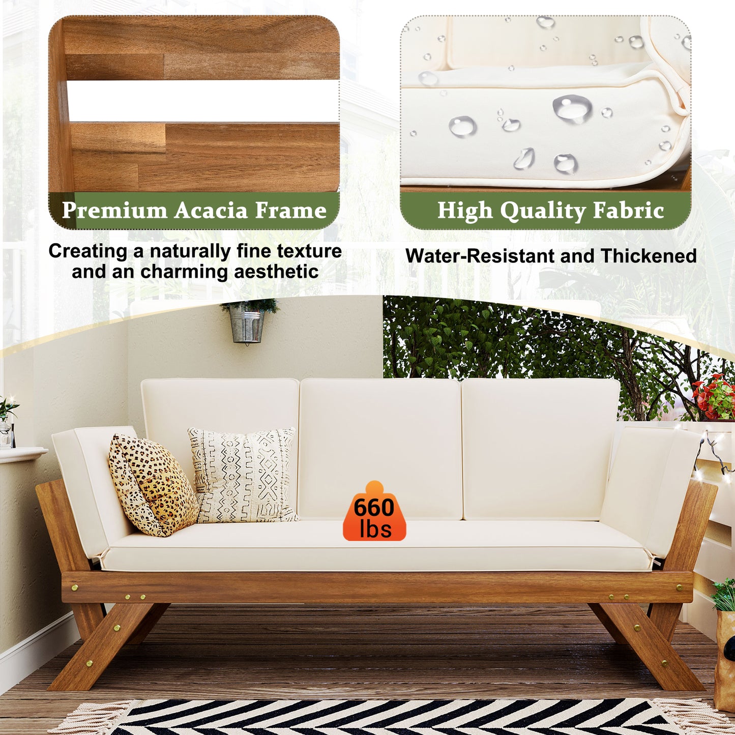 Natural Beige Acacia Wood Patio Daybed Sofa Set for Outdoor