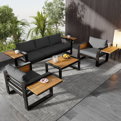 4-Piece Aluminum Outdoor Patio Furniture Set for 5 with Sofa, Armchairs, and Fold-Out Side Tables