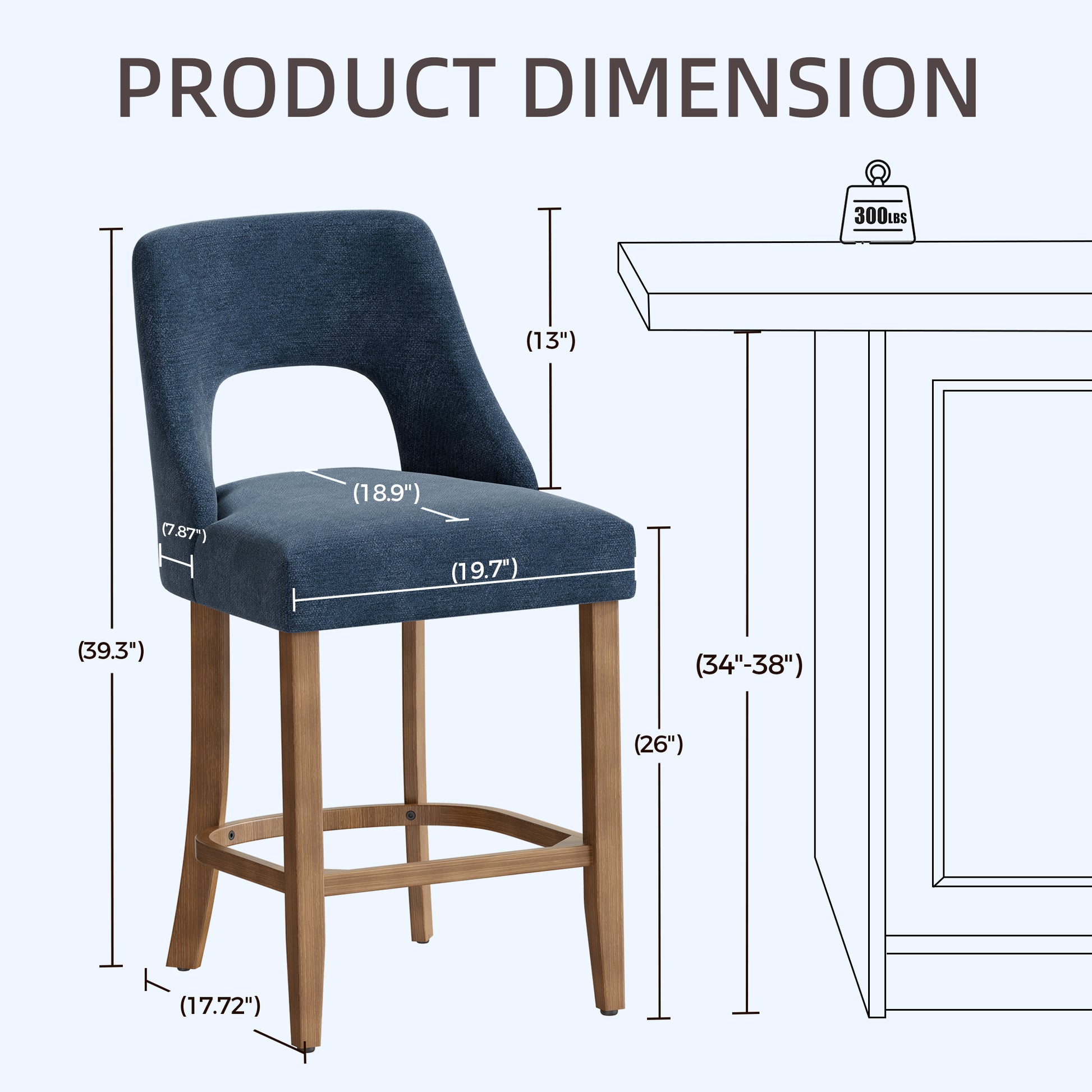 Bar Stools Set of 2, Upholstered Counter Height Bar Stools, Modern Counter Stools with Wood Legs for Kitchen Island Dining Room Bar