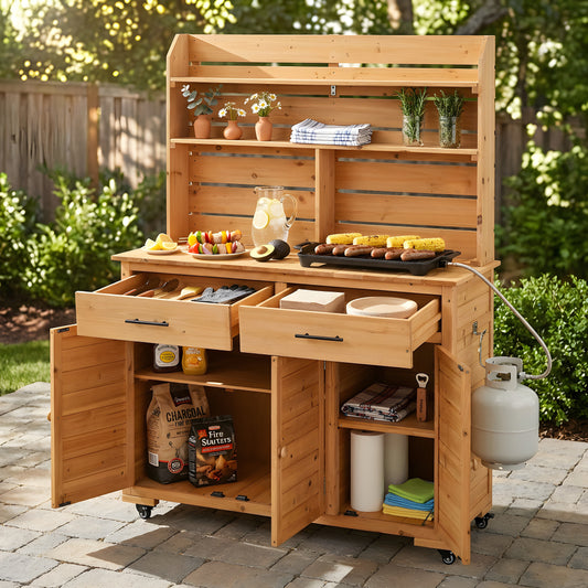 65-Inch Outdoor Garden Potting Bench and Prep Cart with Hutch, Drawers, Cabinet, and Lockable Wheels, Natural