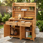 65-Inch Outdoor Garden Potting Bench and Prep Cart with Hutch, Drawers, Cabinet, and Lockable Wheels, Natural
