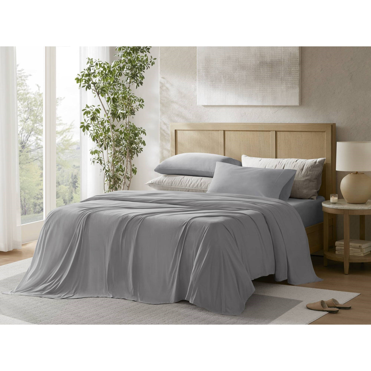 4-Piece King Stretch Jersey Sheet Set, Grey - Breathable & Deep Pockets