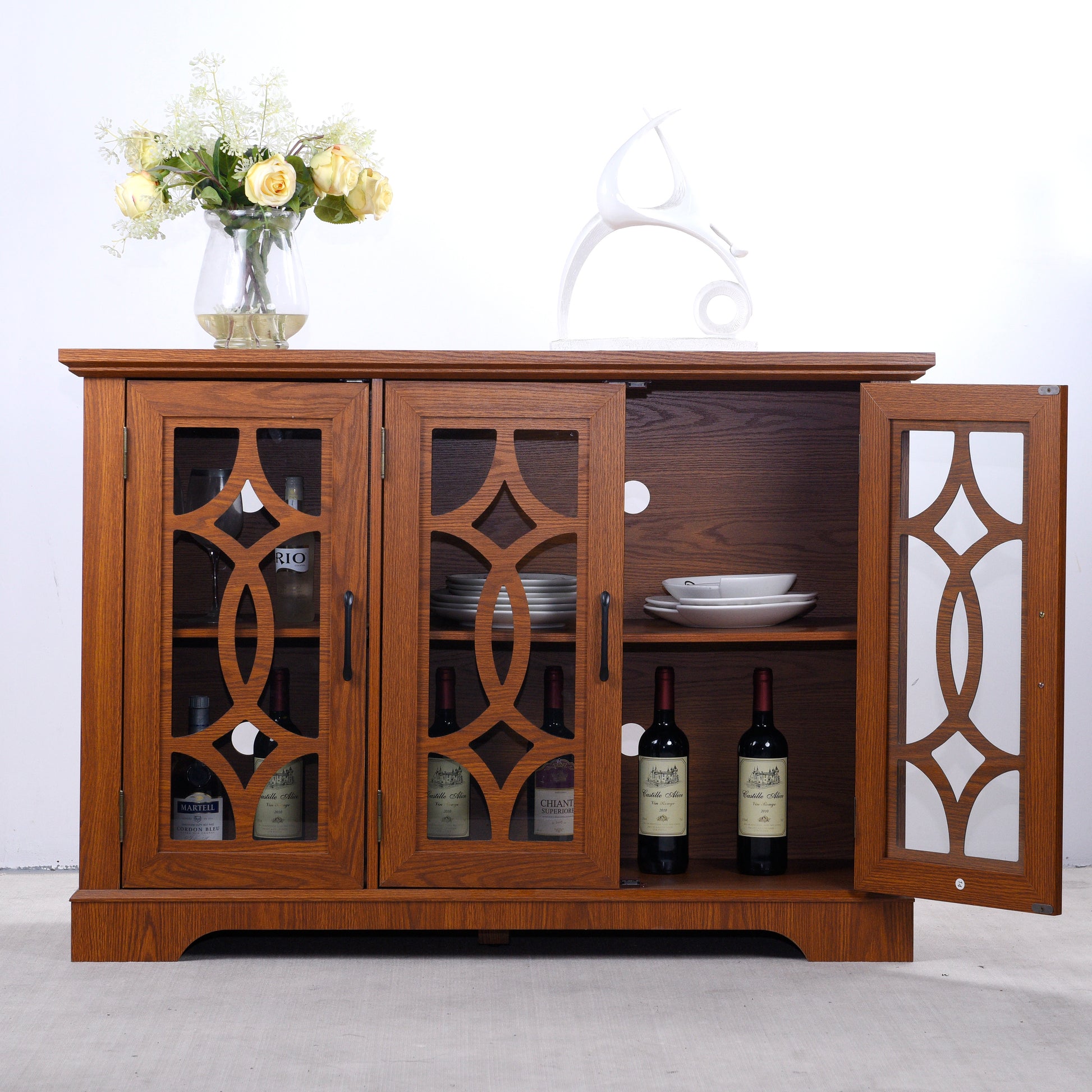 48.66" x 15.55" x 34.06" Spacious size sideboard 3 clear tempered glass doors buffet with adjustable shelf, MDF with dark OAK decorative laminates storage cabinet for dinning room, kitchen,living room