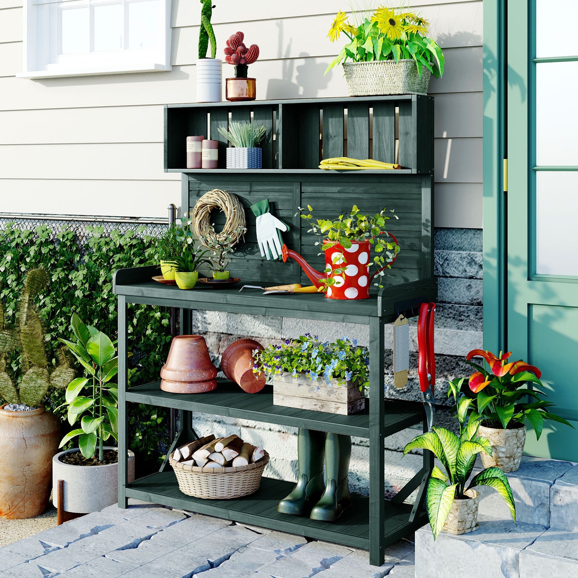Green Wooden Outdoor Potting Bench Table - 65" Farmhouse Style