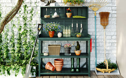 Green Wooden Outdoor Potting Bench Table - 65" Farmhouse Style