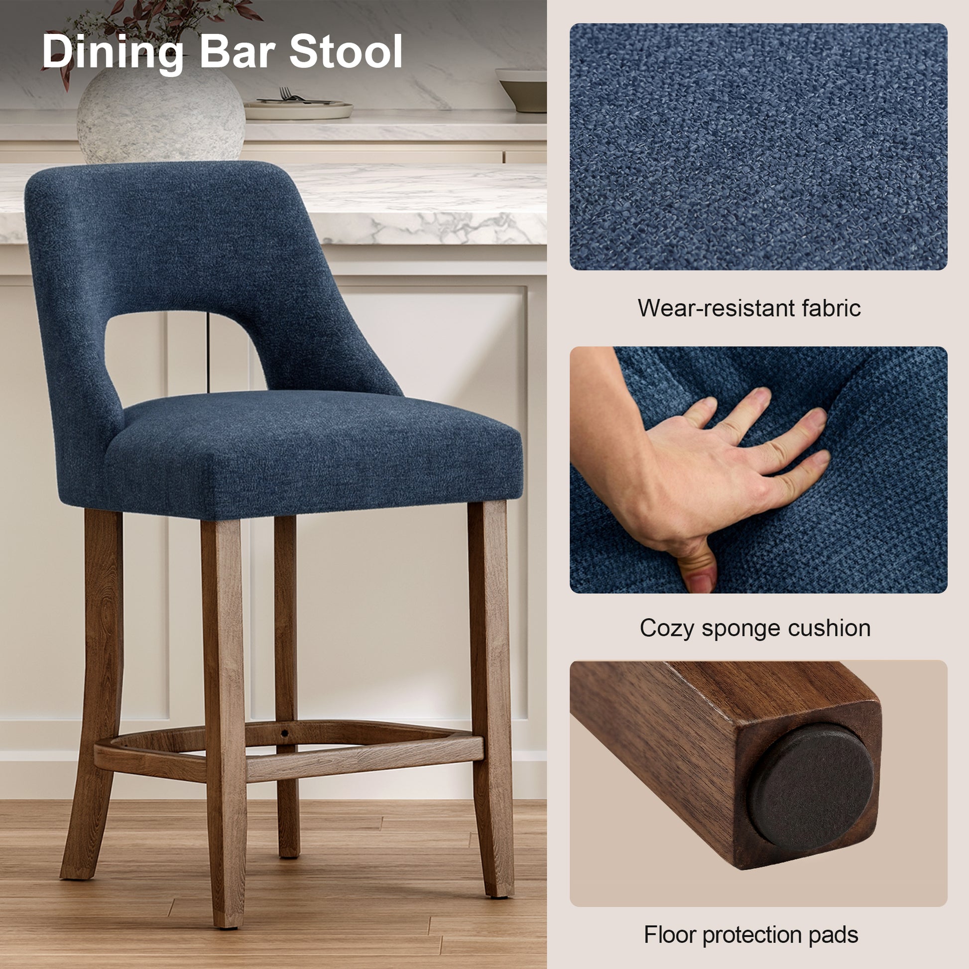 Bar Stools Set of 2, Upholstered Counter Height Bar Stools, Modern Counter Stools with Wood Legs for Kitchen Island Dining Room Bar