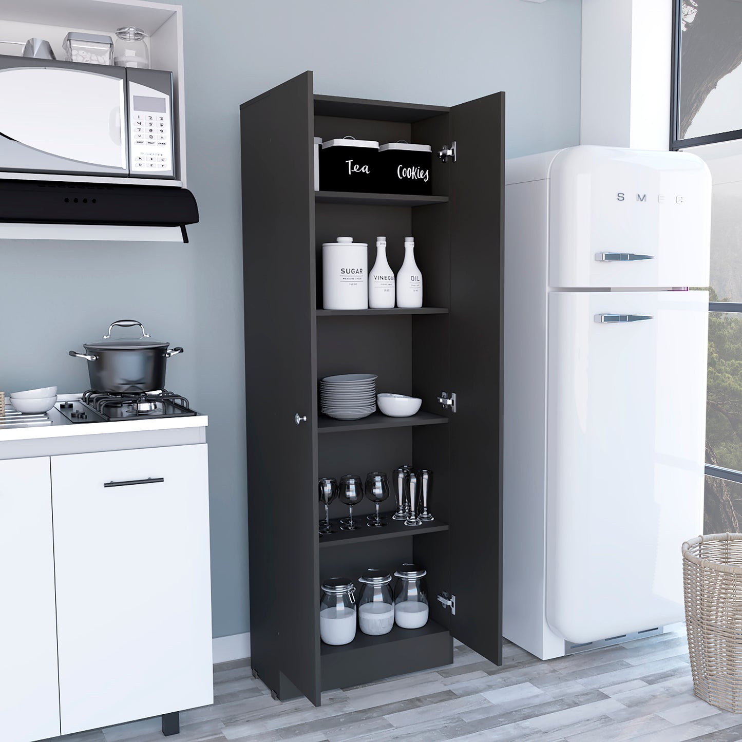 Multistorage Pantry Cabinet, Five Shelves, Double Door Cabinet -Black