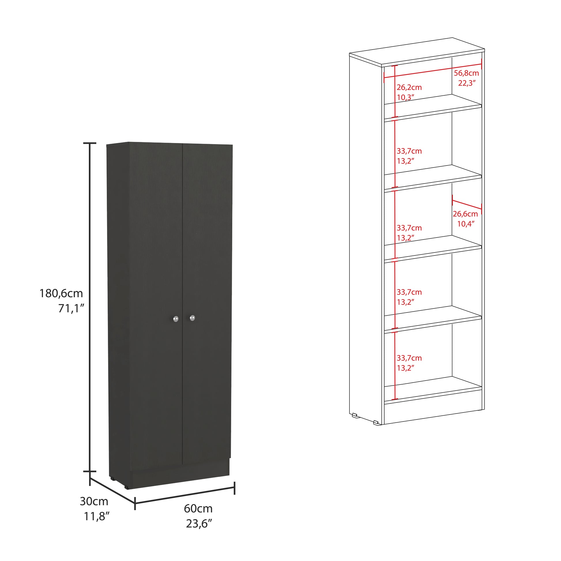 Multistorage Pantry Cabinet, Five Shelves, Double Door Cabinet -Black
