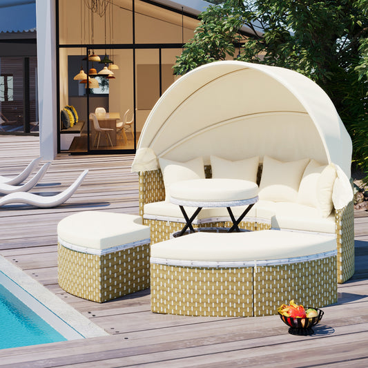 Round Outdoor Sectional Daybed with Retractable Canopy and Beige Cushions