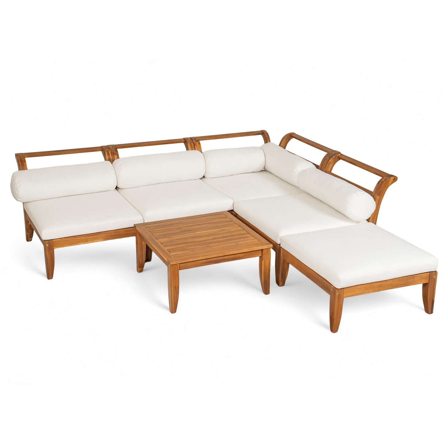 6-Piece Teak Acacia Wood Modular Outdoor Sectional Sofa Set with Convertible Daybed and Ottoman