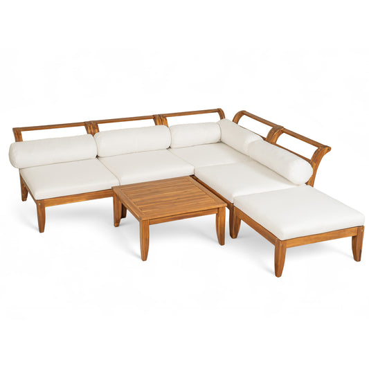 6-Piece Teak Acacia Wood Modular Outdoor Sectional Sofa Set with Convertible Daybed and Ottoman