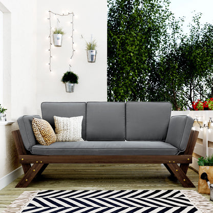 Adjustable Wooden Outdoor Daybed Chaise Lounge with Gray Cushion and Brown Finish