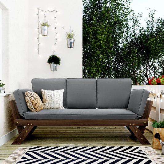 Adjustable Wooden Outdoor Daybed Chaise Lounge with Gray Cushion and Brown Finish