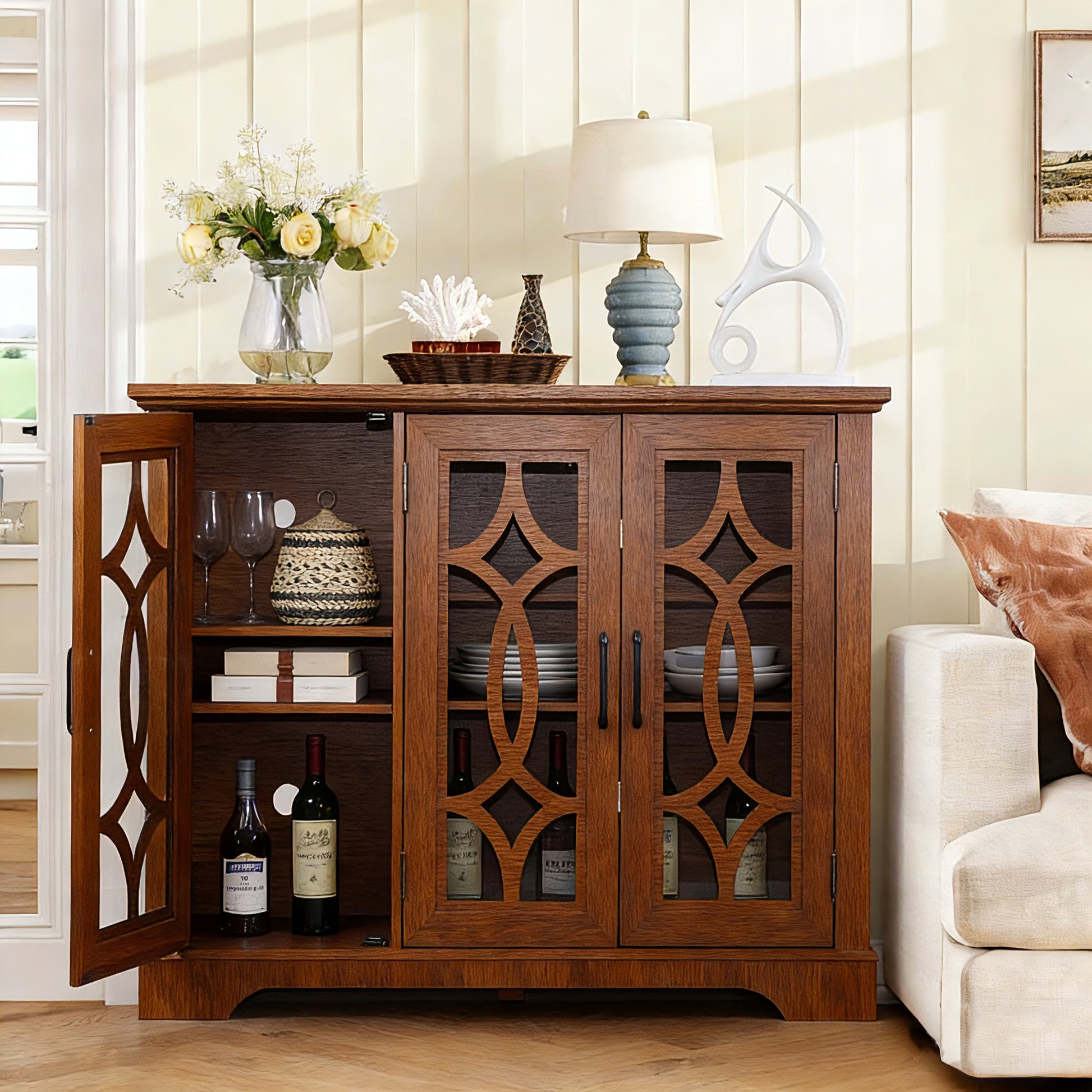 48.66" x 15.55" x 34.06" Spacious size sideboard 3 clear tempered glass doors buffet with adjustable shelf, MDF with dark OAK decorative laminates storage cabinet for dinning room, kitchen,living room