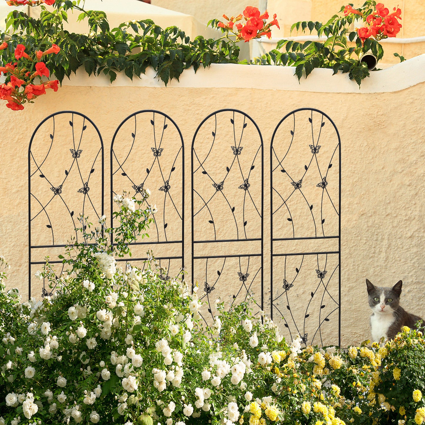 4-Pack 71-Inch Black Butterfly Metal Garden Trellis Set for Climbing Plants