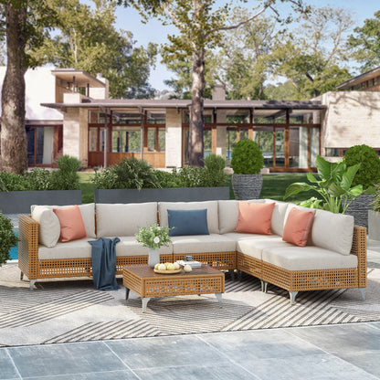Beige Orange Wicker Sectional Patio Set for Garden & Poolside for Outdoor