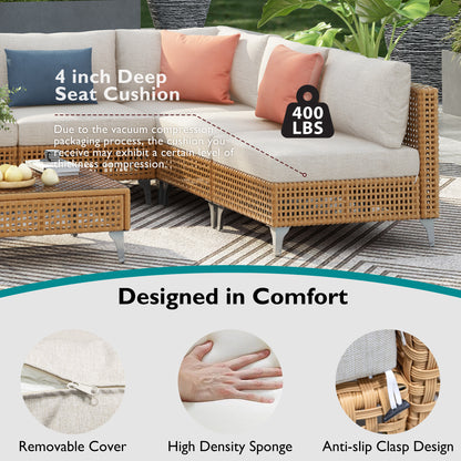 Beige Orange Wicker Sectional Patio Set for Garden & Poolside for Outdoor
