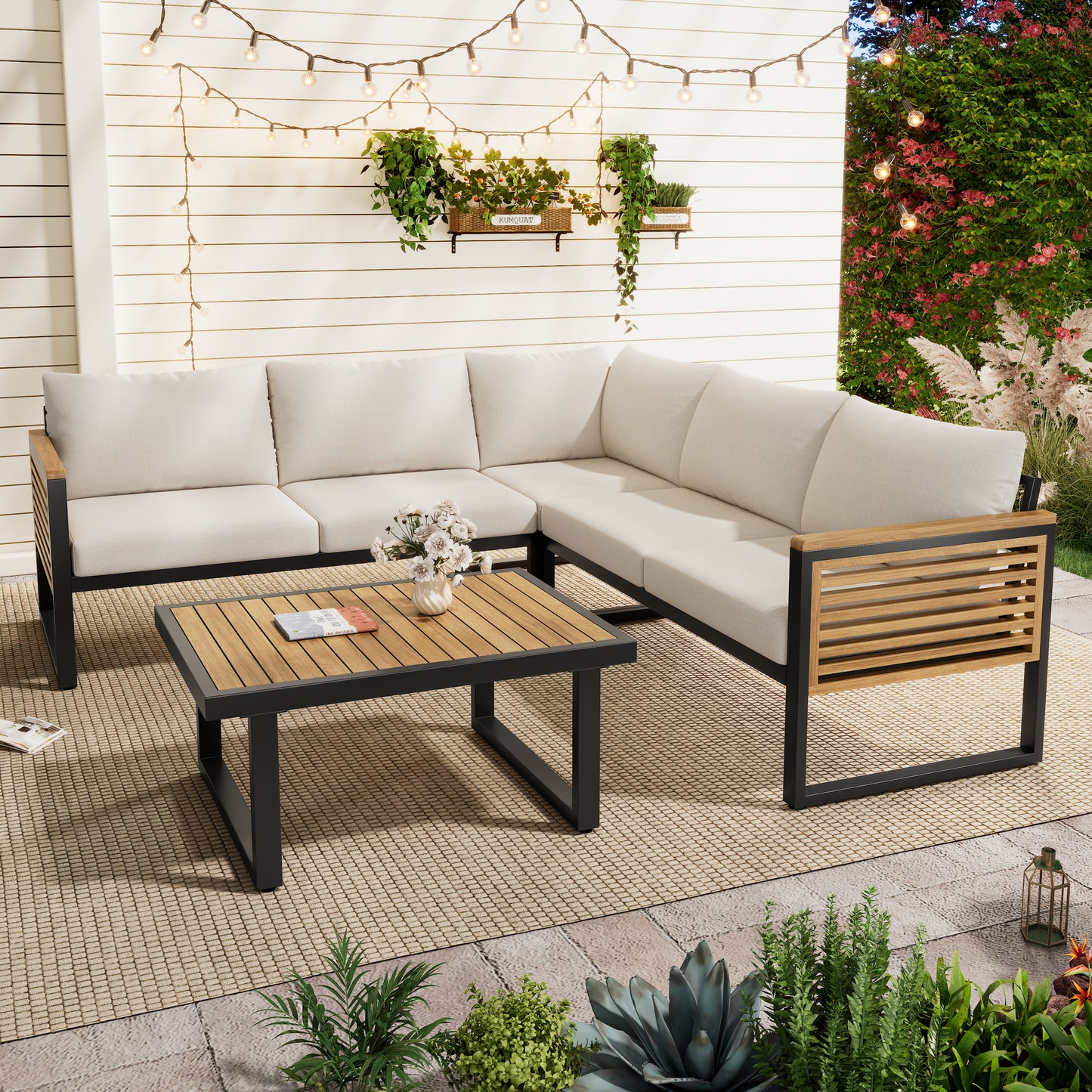Beige Teak Acacia Wood Corner Sofa Set Outdoor Patio Furniture