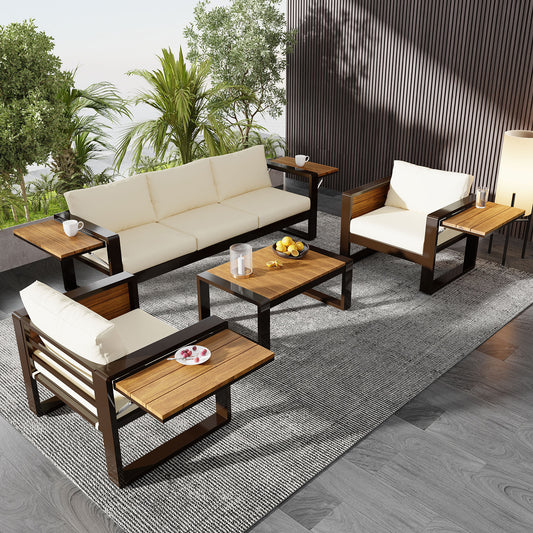 4-Piece Aluminum Outdoor Patio Furniture Set for 5 with Sofa, Armchairs, and Fold-Out Side Tables
