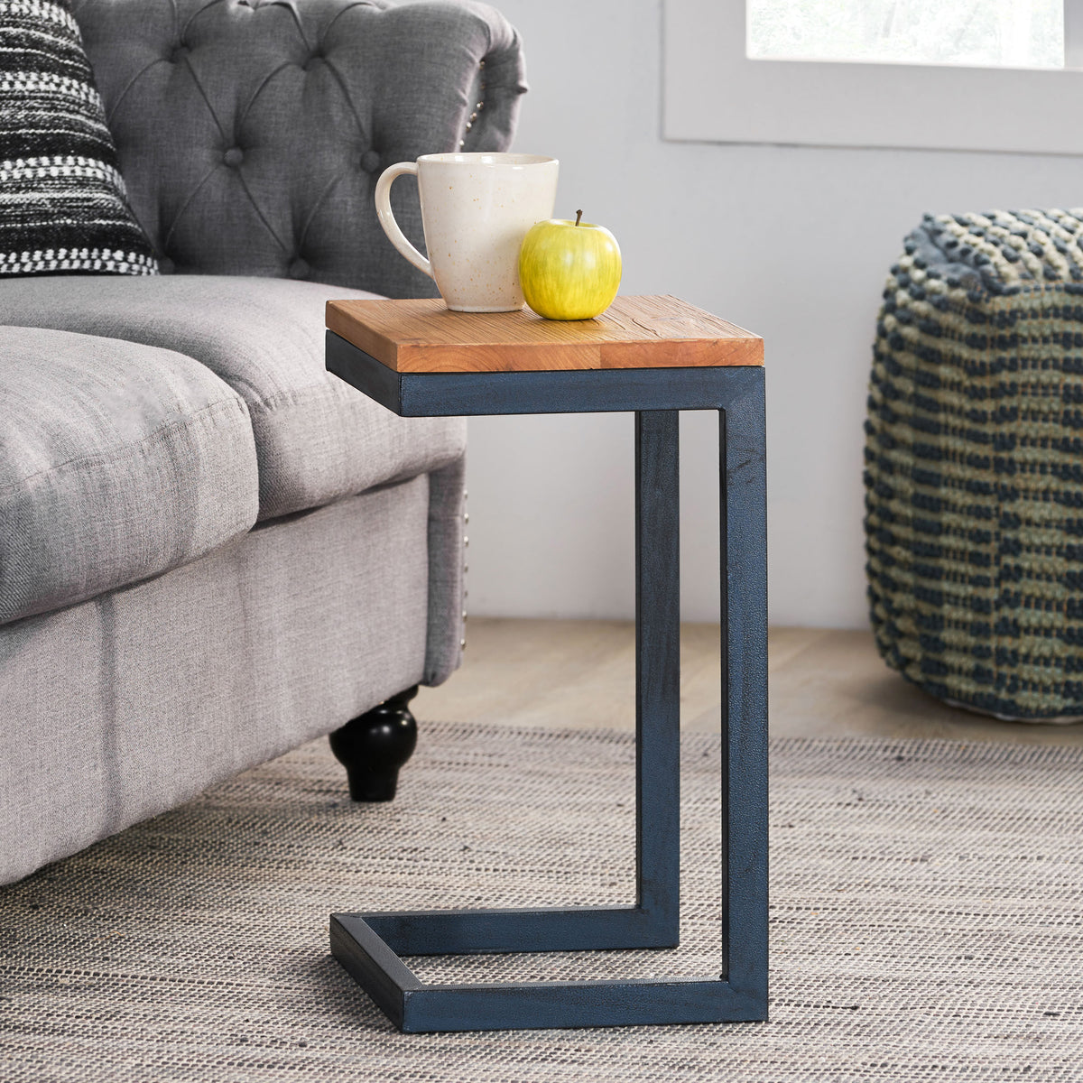 Small Antique Natural Wood End Table - Metal Base