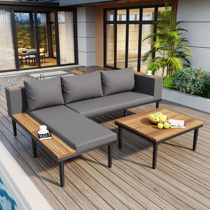 L-Shaped Acacia Wood Outdoor Sectional Sofa Set with Coffee Table, Side Table, and Gray Cushions
