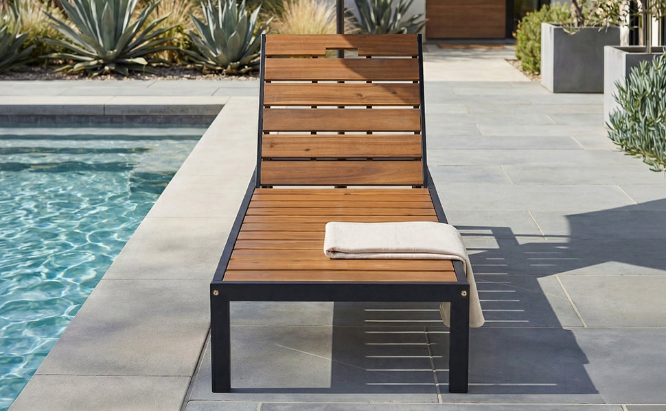 Black & Natural Acacia Wood Chaise Lounge - Outdoor Patio Seating