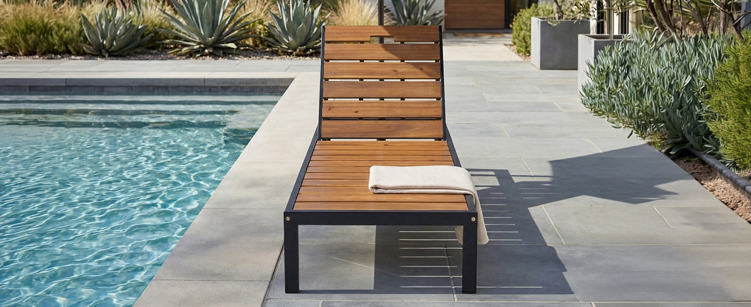 Black & Natural Acacia Wood Chaise Lounge - Outdoor Patio Seating