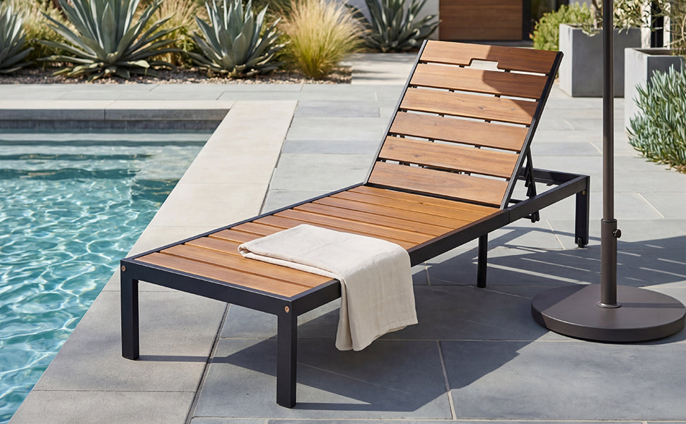 Black & Natural Acacia Wood Chaise Lounge - Outdoor Patio Seating