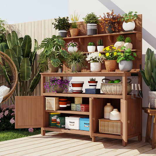 Outdoor Potting Bench with Hutch, Countertop, Shelves and Cabinets, Natural