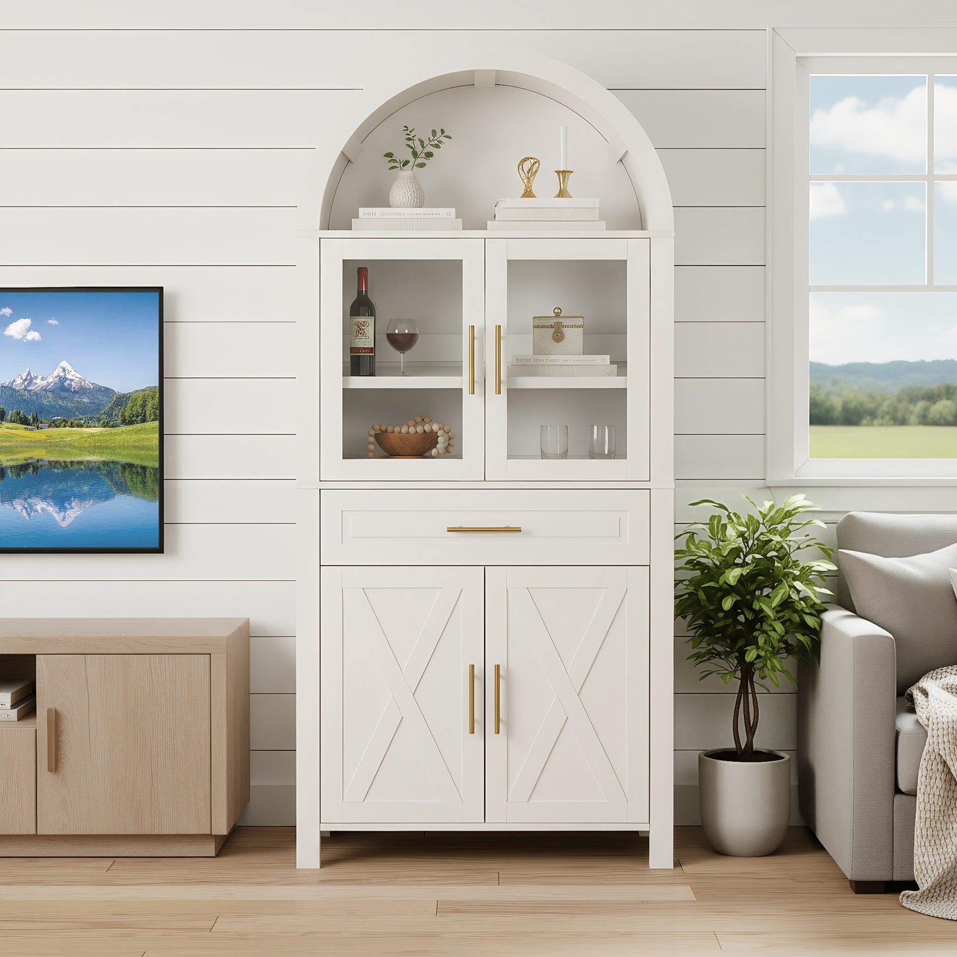 71" White Farmhouse Kitchen Pantry Cabinet with Glass Door - image 3