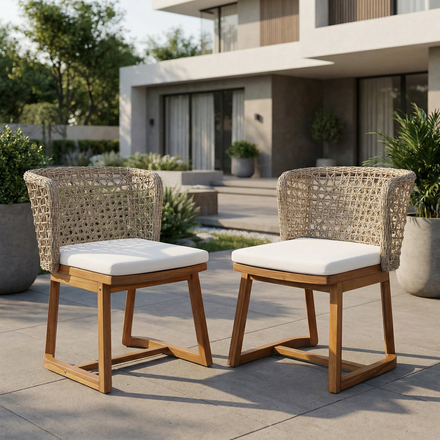 Set of 2 Acacia Wood Patio Dining Chairs with Beige Cushions and Wicker Back, Teak Finish