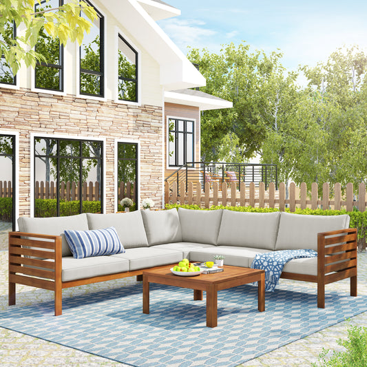 Beige Acacia Wood Patio Sofa Set with Cushions for Outdoor
