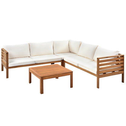 Beige Acacia Wood Patio Sofa Set with Cushions for Outdoor