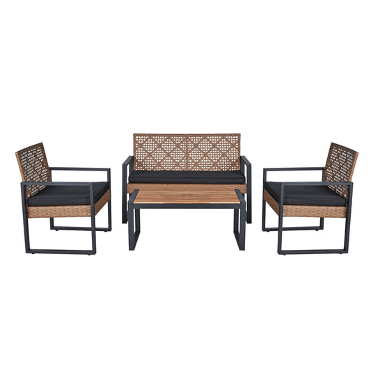 Modern 4-Piece Outdoor Patio Furniture Set with Acacia Wood Tabletop for Balcony, Porch, and Backyard Seating