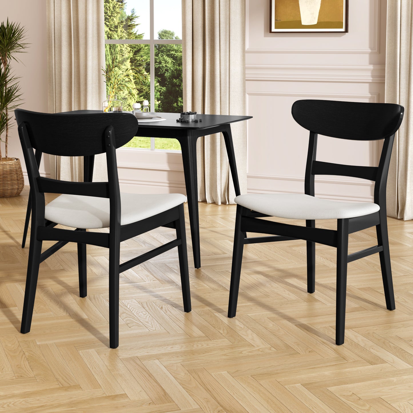Set of 2 Upholstered Dining Chairs - Black & Beige